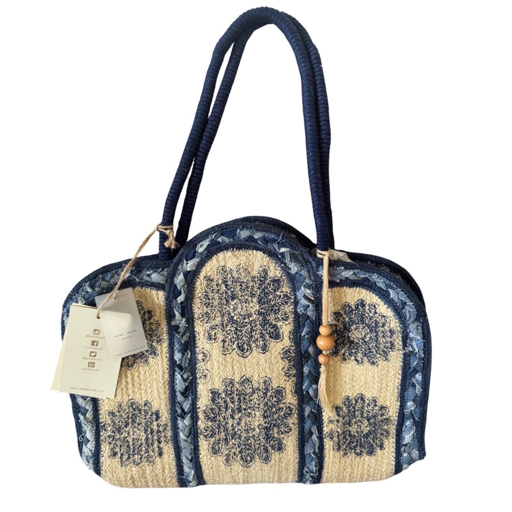 Antik Kraft Jute Natural Fiber Denim  Braided Blue‎ Scallope Large Tote Bag NWT